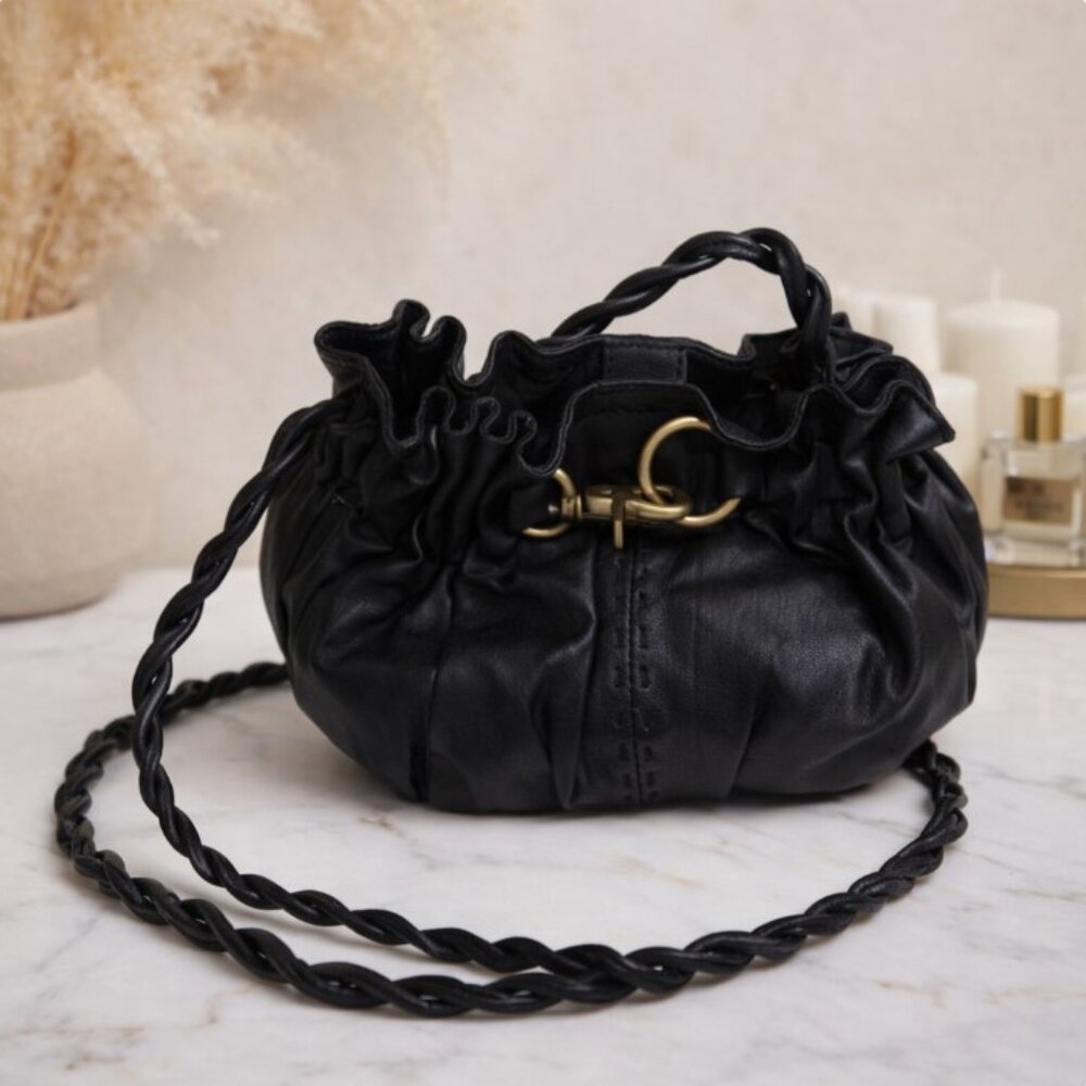 Adrienne Vittadini Black Leather Crossbody Bucket Bag Braided Strap Small